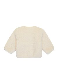 Crème, zachte fleece trui met een ronde hals, driekwart mouwen en contrasterende ribgebreide boorden en onderkant. Geen zichtbare sluitingen.