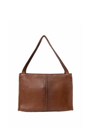 Brown leather shoulder bag with a single strap and visible seam running vertically down the center on a white background.