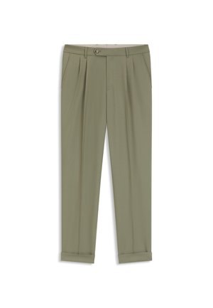 Pantalones plegados color caqui con un corte ajustado, que cuentan con un cierre de botón, bolsillos laterales y puños enrollados. Tejido suave y ligero.