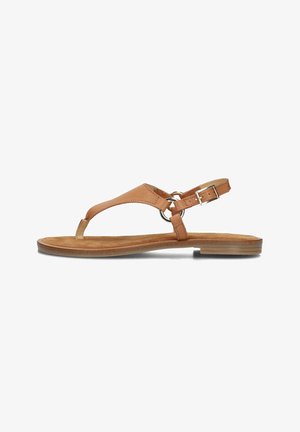 Bruine leren sandalen met een teenvorkontwerp, dunne verstelbare enkelband en een ronde metalen accent. Plat zool met een suedachtige textuur.