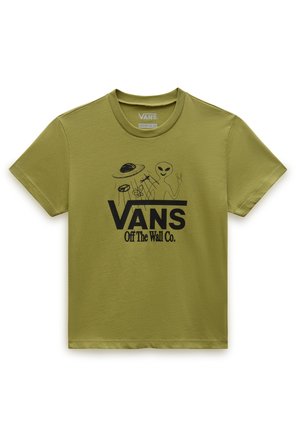 Olivgrünes Vans T-Shirt mit schwarzen Grafiken von Außerirdischem, UFO und Drohne über dem Schriftzug „Vans Off The Wall Co.“ auf der Vorderseite.