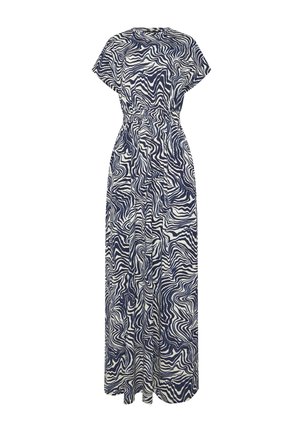 Lange jurk met korte mouwen, voorzien van een marineblauw-wit abstract golvend patroon en een getailleerde taille.