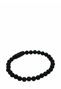 Bracciale nero con finitura opaca, composto da perle rotonde e un fermo decorativo nero con dettagli di design intricati.