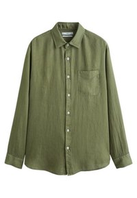 Olivegrünes Langarmhemd aus strukturiertem Stoff, mit einem klassischen Kragen, einer Knopfleiste und einer kleinen Brusttasche.