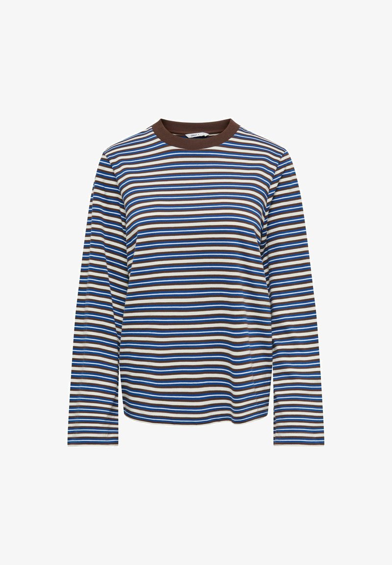 Chemise à manches longues avec des rayures horizontales marron, bleu, blanc et noir, avec un col rond marron uni.