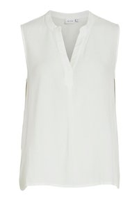 Blusa blanca sin mangas de un tejido suave con escote en V y sutiles aberturas laterales. Presenta un corte relajado y detalles de costura limpios.
