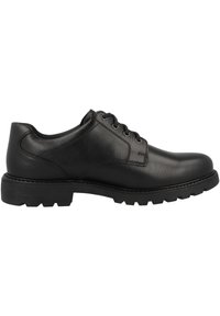 Chaussure habillée en cuir noir avec un bout rond, un laçage et une semelle en caoutchouc robuste. Présente une texture lisse et des détails de couture minimalistes.