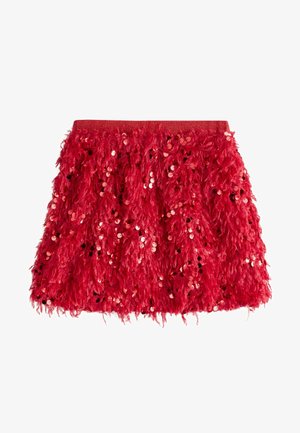 Red feathered mini skirt featuring a texture of shaggy fibers, adorned with reflective sequins, and a solid waistband.