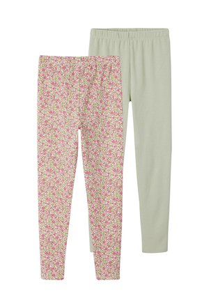 Zwei Kinderleggings, ein Paar in einfarbigem Hellgrün und ein Paar mit einem pink-grünen Blumenmuster, beide mit elastischem Bund.