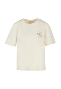 Kræmfot farvet bomulds T-shirt med korte ærmer. Har et linjetegnet vase med blomster på venstre brystområde. Rund halsudskæring.