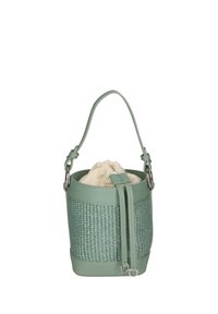 Borsa a secchio rotonda in verde chiaro, con texture intrecciata, dettagli in pelle liscia, chiusura con cordino e rivestimento in tessuto crema, e tracolla regolabile.