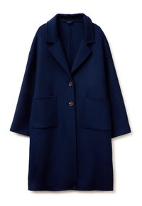 Cappotto in lana blu navy con collo a rever, due tasche frontali e chiusura a tre bottoni. Presenta una vestibilità rilassata e oversize e una superficie liscia.