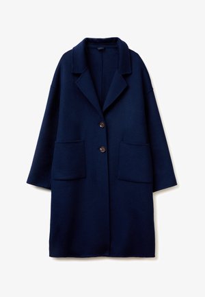 Marineblauer Wollmantel mit Reverskragen, zwei Fronttaschen und einer Drei-Knopf-Verschluss. Hat eine lässige, übergroße Passform und eine glatte Textur.