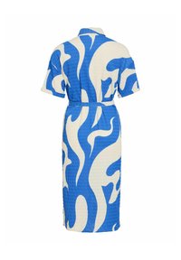 Robe midi à manches courtes et col, avec un motif abstrait ondulé bleu et blanc et une ceinture à la taille, vue de dos.