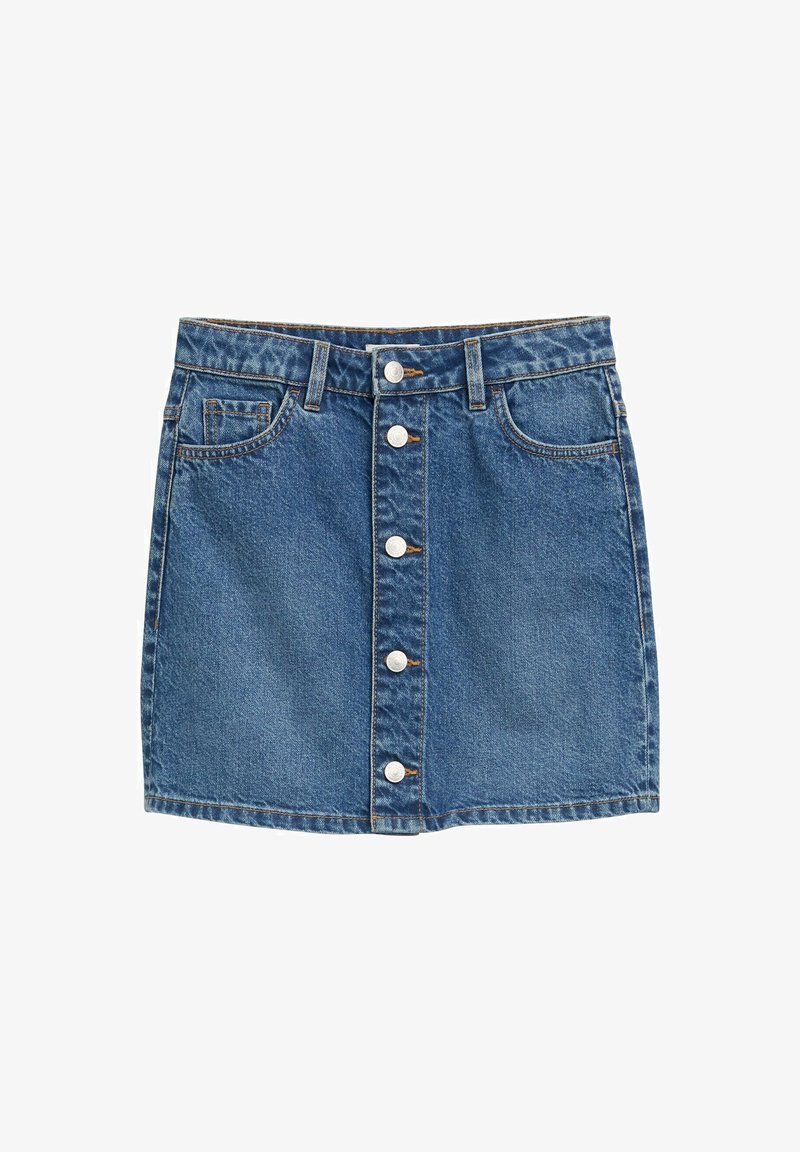 Jeans krilo s sprednjim zapiranjem na pet gumbov, dvema stranskima žepekoma, svetlo modrim pranjem in rahlo strganim robom. Klasična A-linijska oblika.