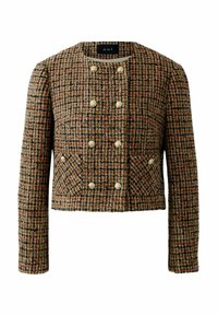 Bruin en zwart geblokte cropped jas met lange mouwen, ronde hals, dubbele rij gouden knopen en zakflappen.
