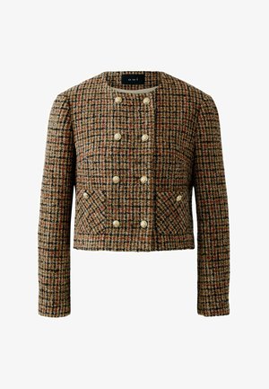 Brown and black checkered cropped jacket with long sleeves, round neck, double row of gold buttons, and pocket flaps.