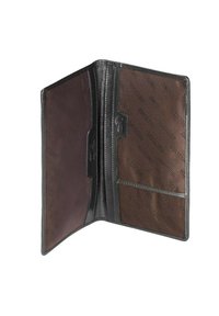 Černá kožená peněženka s jednoduchým designem, která má hnědou látkovou podšívku a několik přihrádek na karty a dokumenty.