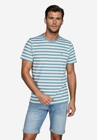 Gestreept T-shirt in lichtblauw en wit, met korte mouwen, ronde hals, van katoenmateriaal, voorzien van een klein logo op de borst.