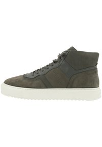 High-top sneakers made of grey suede and textured material. Features a white rubber sole and round laces with a side logo detail.