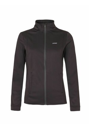 Zwarte fleece jas met hoge kraag, volledige ritssluiting, twee zijzakken en een logo op de linkerborst. Glad textuur en aansluitend design.