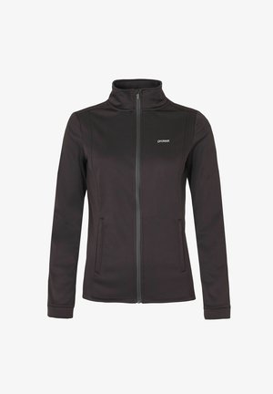 Zwarte fleece jas met hoge kraag, volledige ritssluiting, twee zijzakken en een logo op de linkerborst. Glad textuur en aansluitend design.