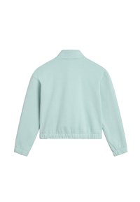 Světle modrý svetr, zkrácený s límečkem, elastickým lemem a manžetami. Vyroben z měkké tkaniny, s hladkým povrchem a minimalistickým designem.
