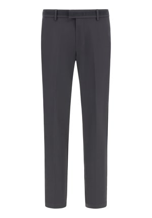 Pantalon gris en tissu lisse, présentant une coupe droite, des passants de ceinture et des détails de couture minimalistes.
