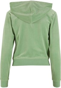 Világoszöld kapucnis pulóver, amely puha, bársonyos textúrával rendelkezik, hátsó kapucnival, hosszú ujjakkal és ribbelt mandzsettákkal ellátott, cropped fazonnal.