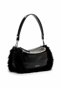 Black faux fur handbag with a glossy patent leather panel, silver hardware, and a curved, structured shape. Features a detachable strap.