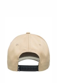 Khaki baseball cap med buet skygge, seks-panel design og justerbar sort snapback lukning. Har syning detaljer på toppen.