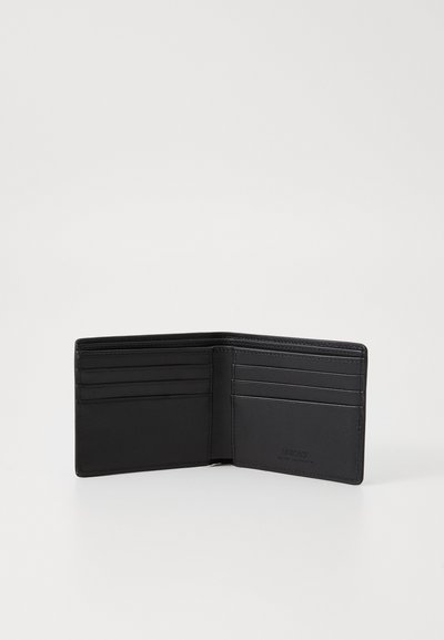 Black leather wallet with multiple card slots and smooth texture. Features a simple design with a logo embossed at the bottom.