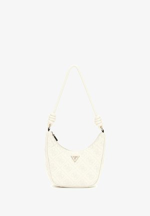 Sac à épaule en simili cuir blanc avec une forme courbée, un motif matelassé et des accents en relief. Il dispose d'une anse contrastante avec des anneaux blancs.