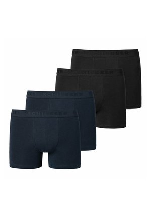 Vier Herren-Boxershorts in Schwarz und Dunkelblau, in zwei Paaren angeordnet, mit elastischen Bund mit Markenlogo.