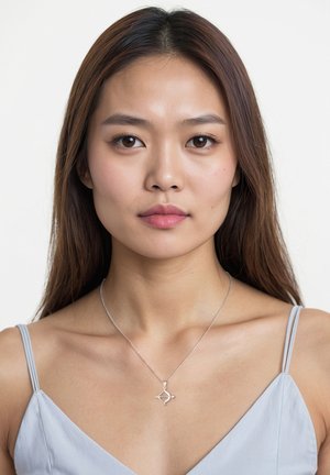 Silberner Anhänger mit einer abstrakten geometrischen Gestaltung, getragen von einem Model mit langen, glatten Haaren, vor einem hellen Hintergrund.