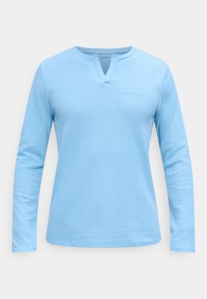 Vaaleansininen pitkähihaisen waffle-neuloksen paita, jossa on pieni V-mallinen leikkaus kaula-aukon kohdalla ja hillitty Calvin Kleinin logo rinnassa.