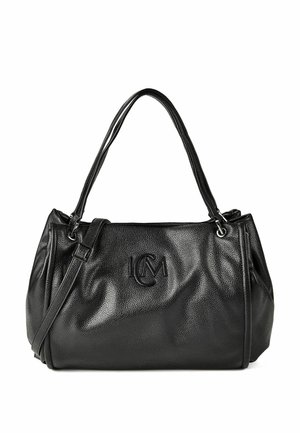 Black textured leather handbag with double shoulder straps, an adjustable side strap, and an embossed logo on the front center.