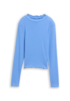 Haut à manches longues bleu clair en côtes, avec un col montant à volants et un ourlet, présentant une coupe ajustée et une texture subtile.