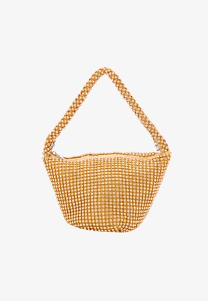 Aranyszínű kézitáska gyöngyös textúrával, ívelt pánttal és zipzárral. Számos kis fénylő gyöngy díszíti.