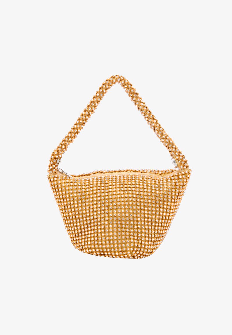 Goudkleurige handtas met een gehaakte textuur, voorzien van een gebogen band en een ritssluiting. Versierd met talrijke kleine glanzende kralen.