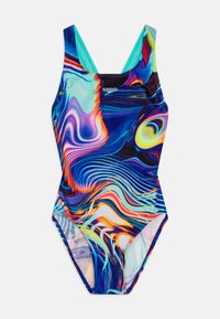 Eén stuk badpak in meerdere kleuren met spiraalpatronen, met een blauwe en teal racerback-ontwerp en een Speedo-logo aan de voorkant.