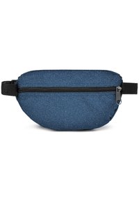 Marsupio blu navy con un sottile effetto glitter, dotato di un comparto principale con cerniera e un design piatto con una tracolla in nylon nero.
