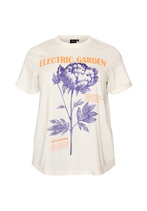 Weißes T-Shirt mit kurzen Ärmeln, lila Blumenmotiv und orangefarbenem Text mit der Aufschrift "ELECTRIC GARDEN" und "SILENT BLOOM" auf der Vorderseite.