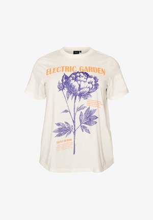 T-shirt blanc à manches courtes avec un motif de fleur violette et un texte orange indiquant "ELECTRIC GARDEN" et "SILENT BLOOM" sur le devant.