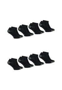 Chaussettes noires de cheville avec un talon et un orteil gris, offrant une texture douce, disposées par plusieurs paires en deux rangées.