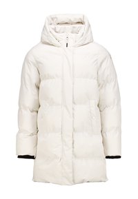 Witte pufferjack met een capuchon, voorzien van een ritssluiting, zijzakken en geribbelde manchetten. Gladde, glanzende stof met een gewatteerde textuur.