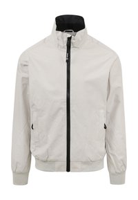 Lichtgrijze ritsjack met hoge kraag, zwarte accenten, elastische manchetten en een gladde textuur. Heeft twee zijzakken.