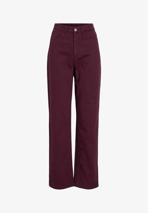 Hoge taille rechte broek in donker bordeaux met een voorknoop, rits, ceintuurlussen en voorknokjes.