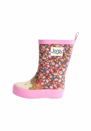 Kumiset sadebootit, joissa on vaaleanpunainen trimmi, ja kukkakuosi punaisena, vaaleanpunaisena ja sinisenä sekä siili-kuvio kärjessä. JoJo-logo näkyvissä.