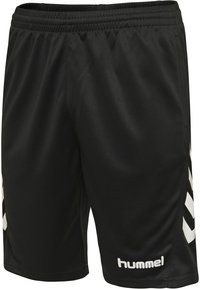 Pantaloni sportivi neri realizzati in tessuto liscio, con una vita elastica, tasche laterali e logo Hummel bianco con motivi a chevron sui lati.